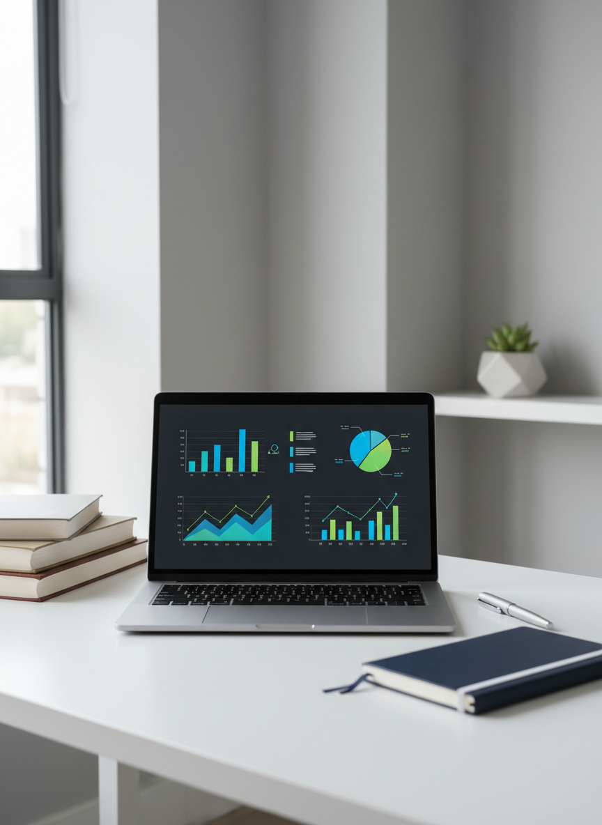 A sleek, matte silver laptop with a crisp, vibrant display showing minimalist charts and graphs, resting on a smooth white desk organized with neat stacks of hardcover books and a closed navy-blue notebook. The setting is a modern home office with clean architectural lines, accented by neutral gray walls and a subtle pop of color from a small geometric planter. Soft natural daylight filters in from an unseen window, casting even illumination and faint, gentle shadows. Shot from a slightly elevated angle with centered composition, ensuring every element is in clear focus. The image conveys a balanced, professional atmosphere with a polished, contemporary photographic realism that aligns with a corporate, information-rich blog.